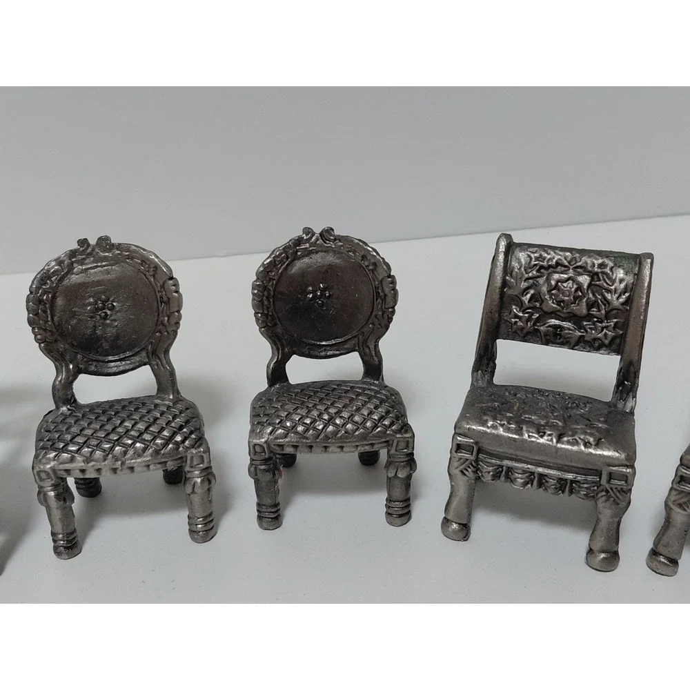 Vintage Miniature Pewter Chairs Set of 8 Victorian Dollhouse Furniture Six Trees